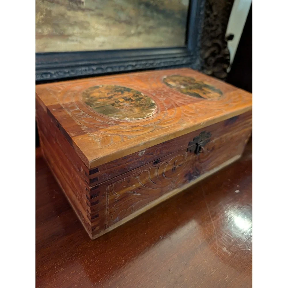 Vintage Cedar Carved Wooden Jewelry Box Decoupage Landscape Mirror Dovetail